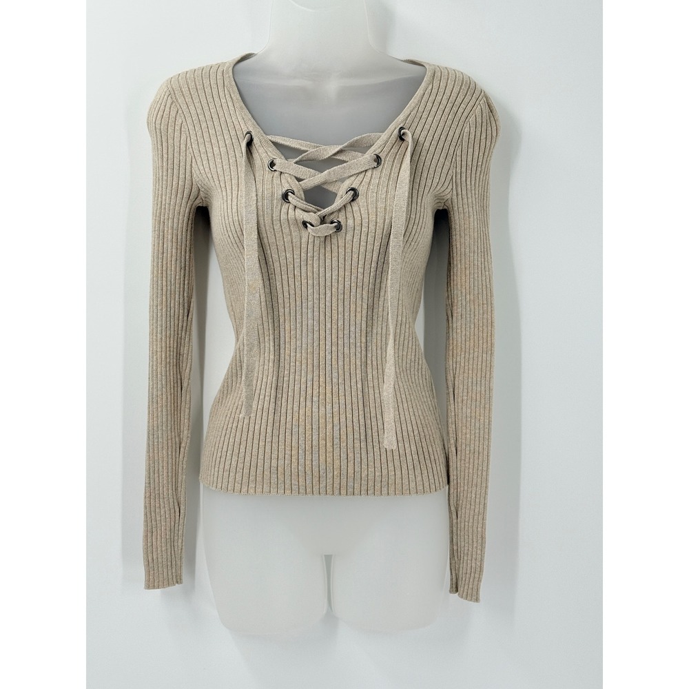 Hollister Lace Up Ribbed Sweater Womens XS Beige Vtg Y2K Elena Bella Ribbed